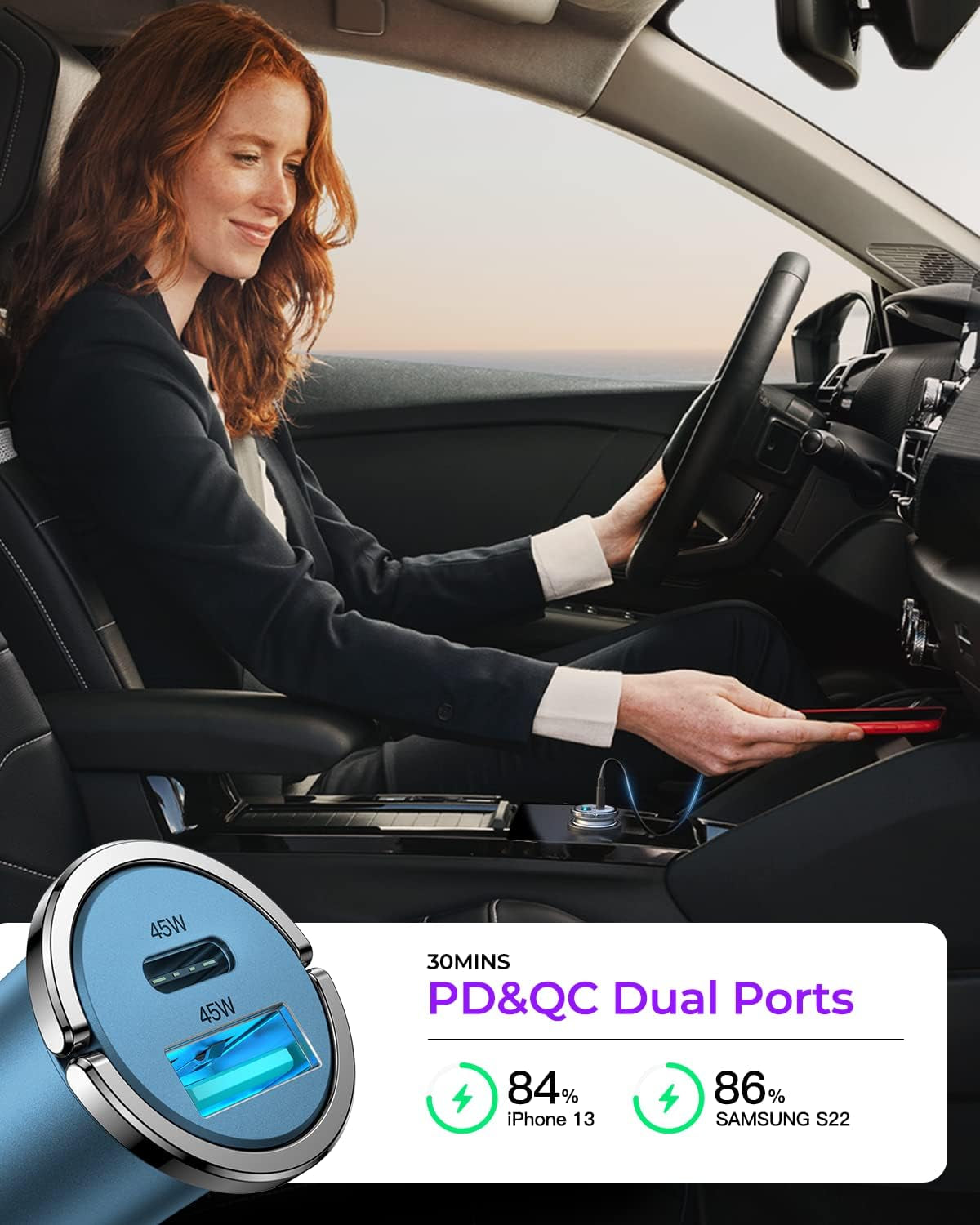 USB C Car Charger, Dual Fast Ports Fast Charge Car Charger