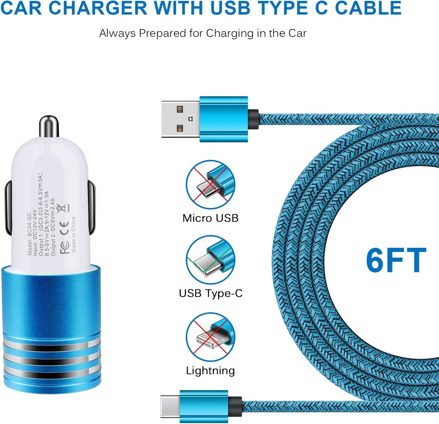 Quick Charge 3.0 Fast Charger for Samsung Galaxy S24 S23 S22 S21 Ultra S20 S10E S10 A15 A54 A03S A23 A13 A14 A53 A12 A32 A21 A51 S9 S8 Note 20,Fast Charging Block Wall Car Charger+3Ft 6FT USB C Cable