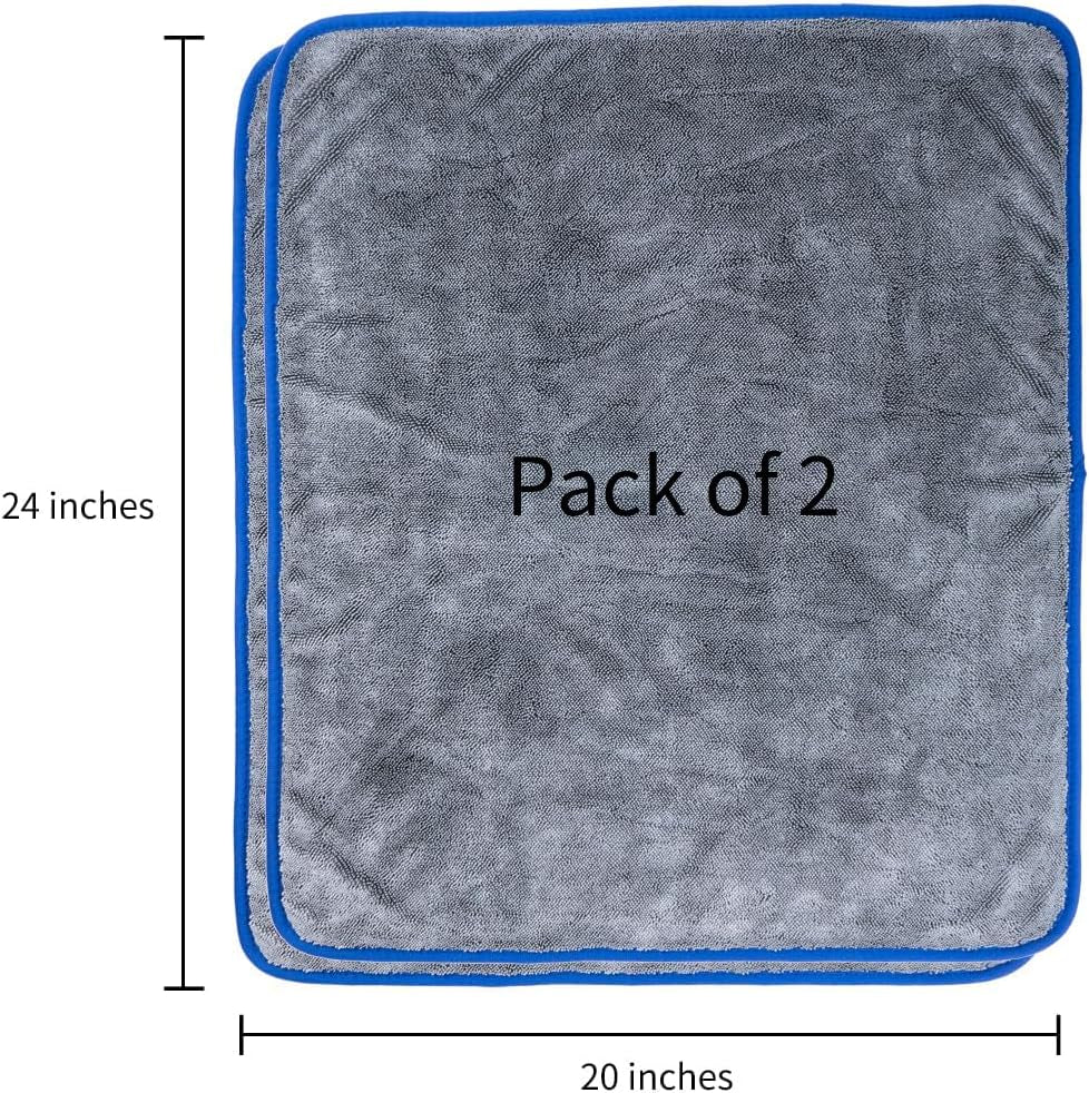 Microfiber Car Drying Towel Super Absorbent Twist Pile Car Towels Rapid Drying Large Cleaning Lint-Free Detailing Cloth Gray 24 X 20 Inches Pack of 2